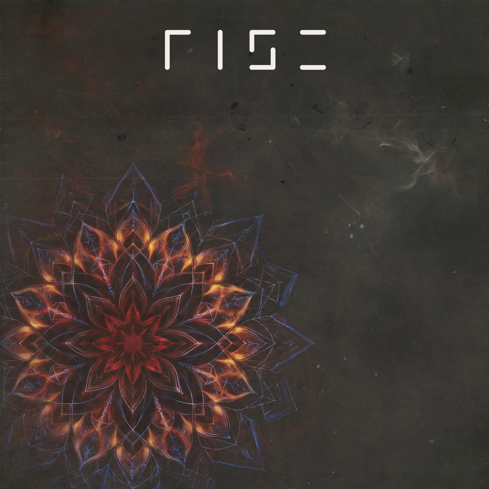 RISE master key art — the two-stroke RISE wordmark over an ember and flame-blue mandala, half-faded in dark aether