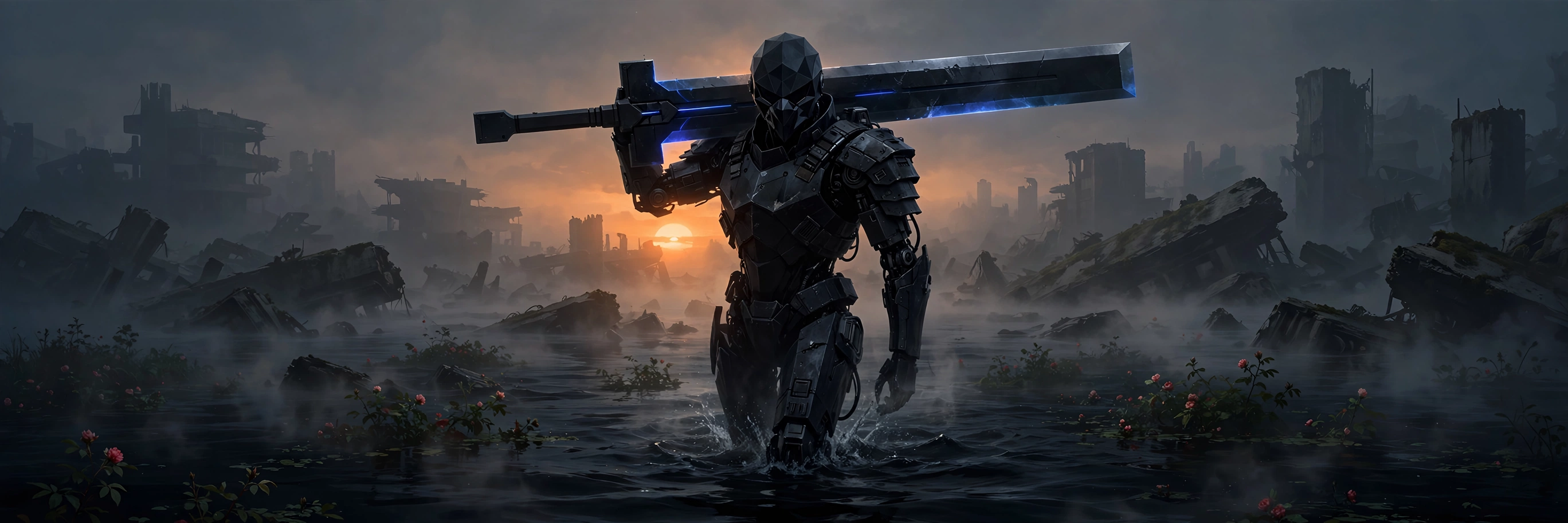Concept art &mdash; the automaton VRDKT wading dark water under a foggy sky.